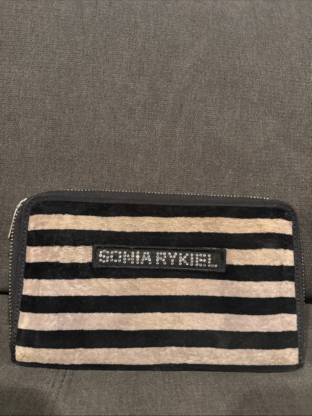 Sonia Rykiel Velvet Black and Taupe Striped Zip Wallet with Logo Plaque